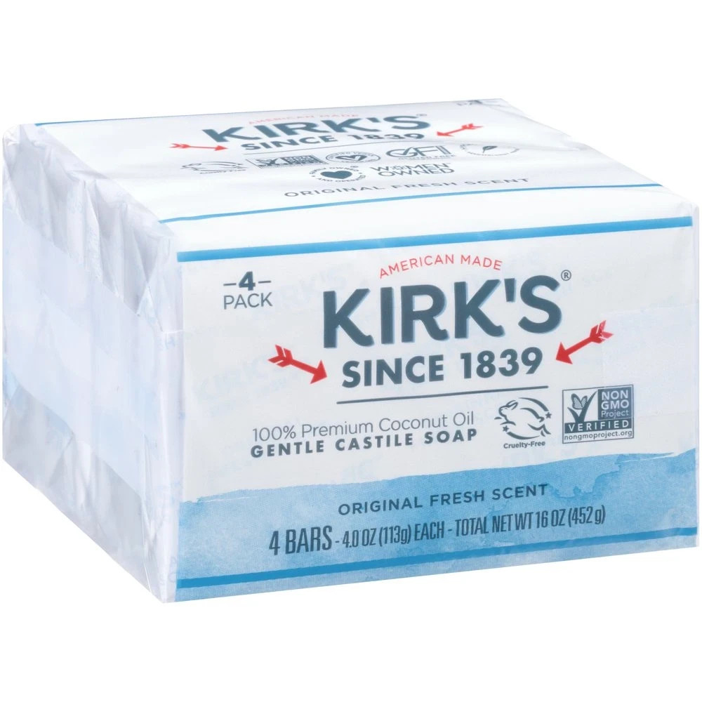 Kirk’s Castile Bar Soap – Made With Premium Coconut Oil, 4 oz. Bars, 4 Pack