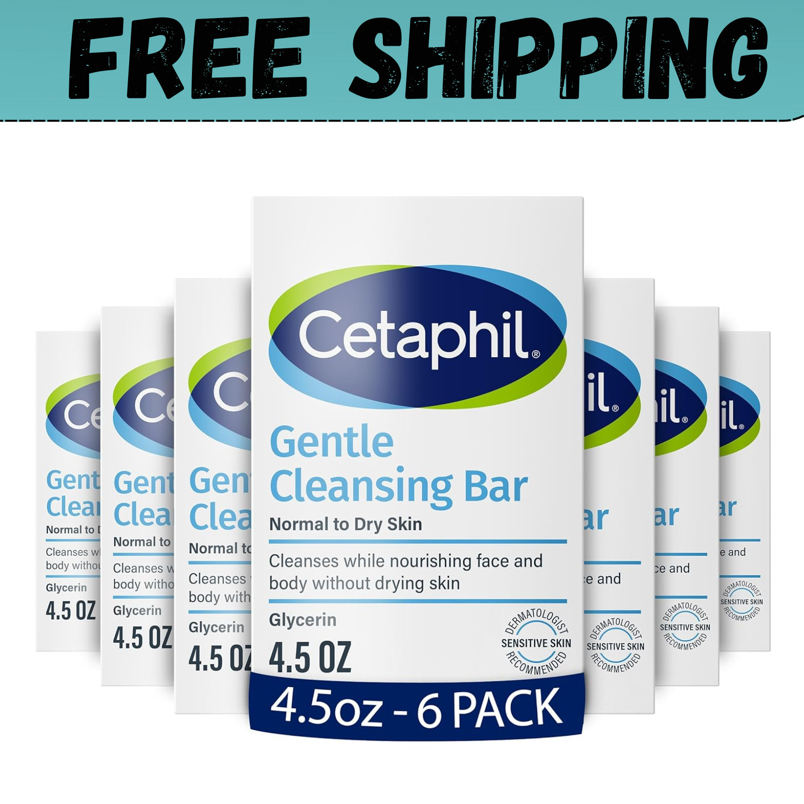 CETAPHIL Gentle Cleansing Bar Soap Nourishing Dry Sensitive Skin 4.5oz, 6-Pack