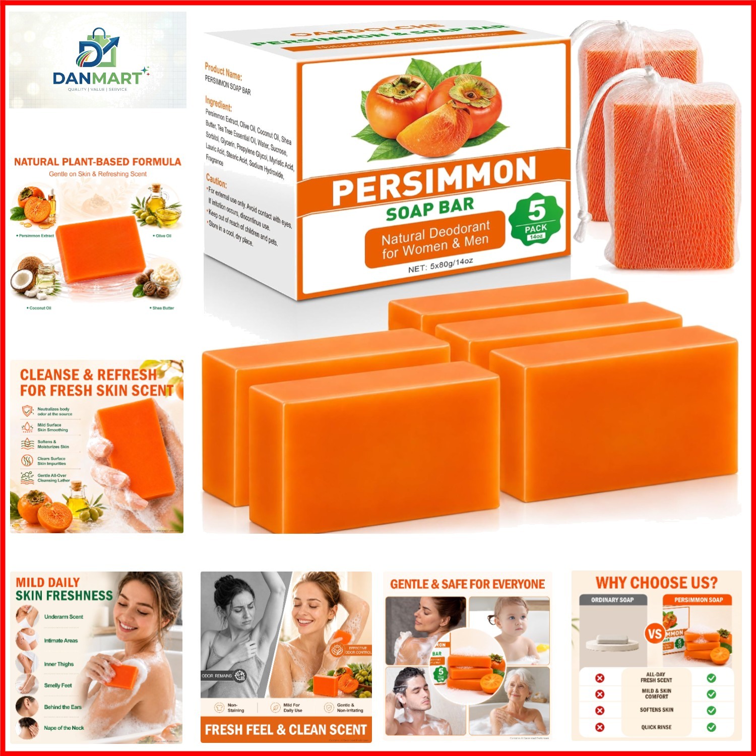 5 PCS Persimmon Soap Bar（80g） for Body Odor Control, Natural Refreshing Body …