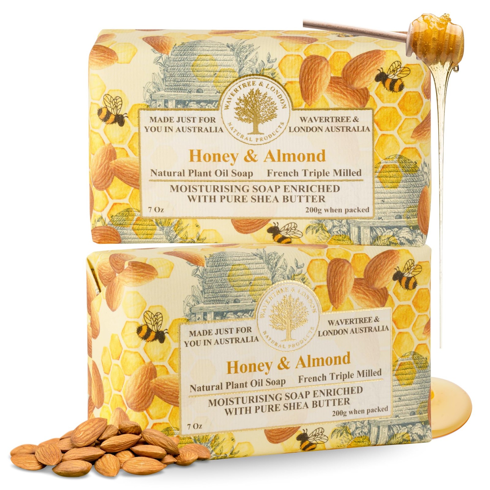 Honey Almond Scented Natural Soap (2 Bars), 7oz Moisturizing French Triple Mi…