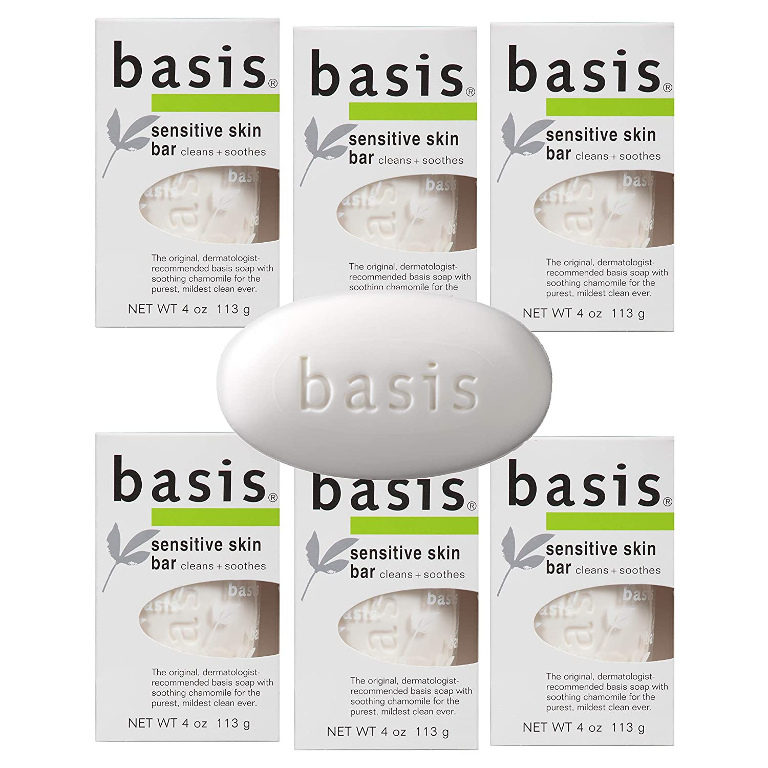 Basis Sensitive Skin Bar Soap – Cleans and Soothes with Chamomile – Pack of 6