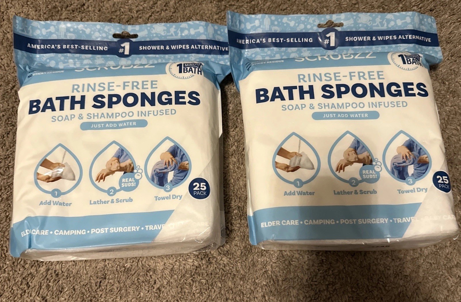 2 Packs -25 Ct Scrubzz Rinse Free Bath Sponges Soap & Shampoo Infused Single Use