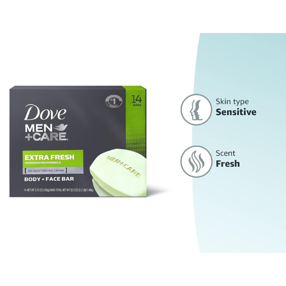 Dove Men+Care Body and Face Bar Soap Extra Fresh 3.75 Oz Each 14 Ct