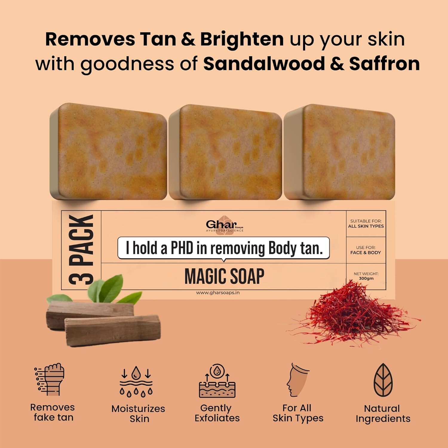 Ghar Magic Soap for Tanning Removal Glowing & brightening Skin Pack of 3 -100gm