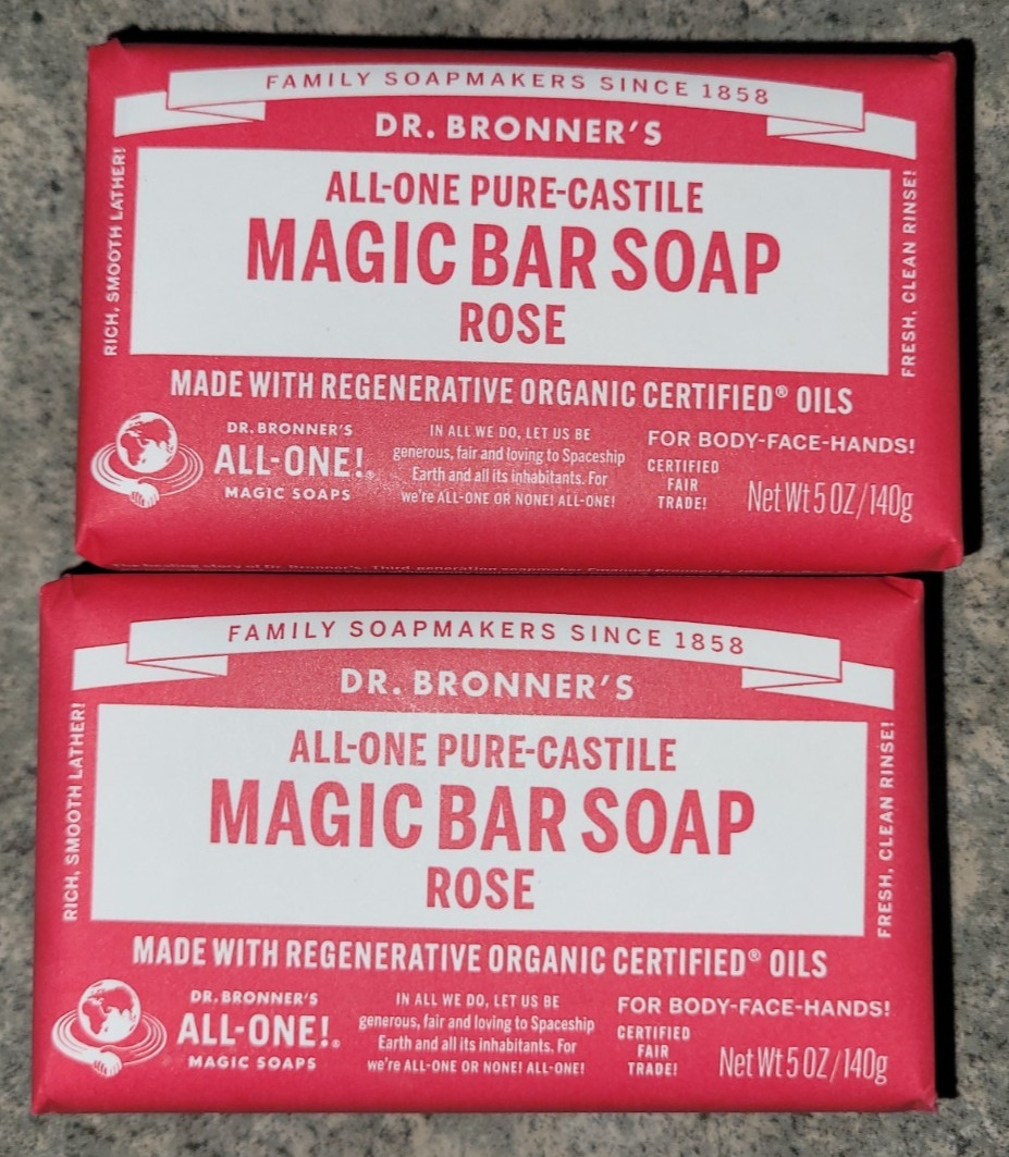 NEW LOT Dr. Bronner’s Pure Castile Bar Soap 5 Oz Rose x2