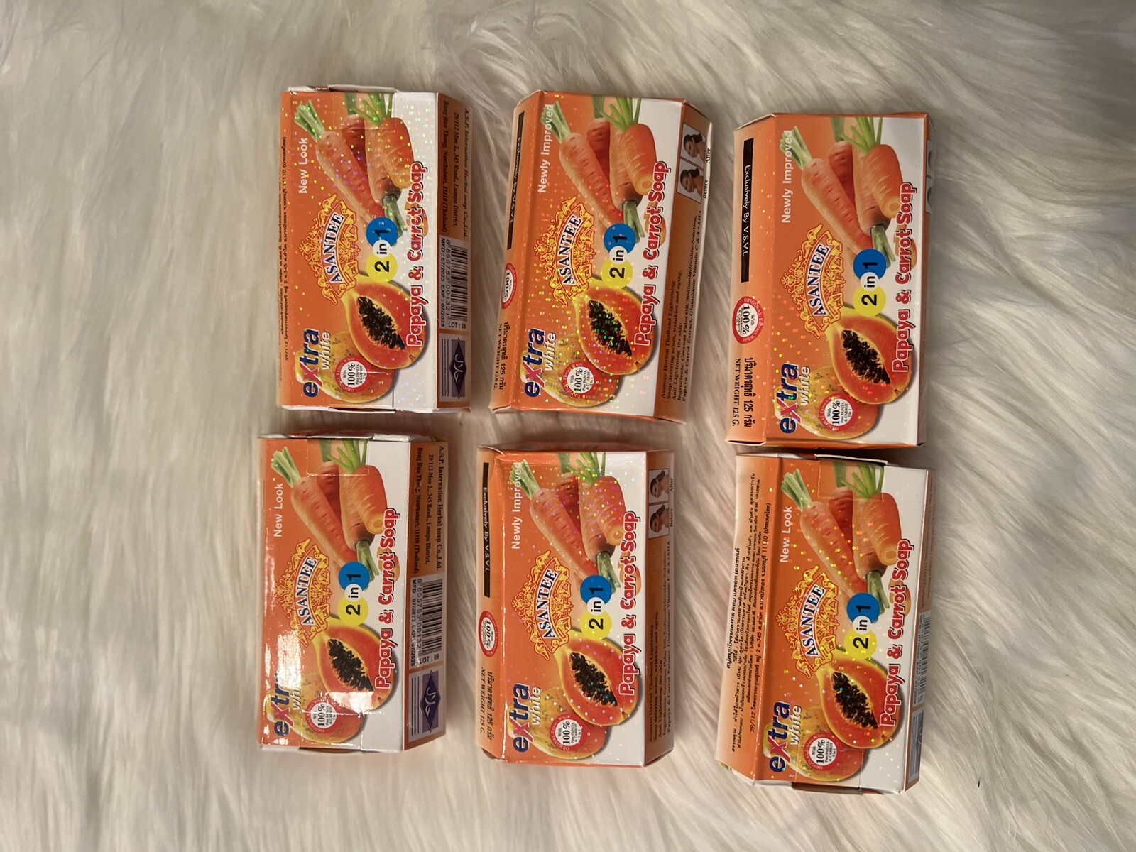 6X Asantee Papaya & Carrot Thailand Herbal Lighteni 2 In 1 Soap Extra Wh