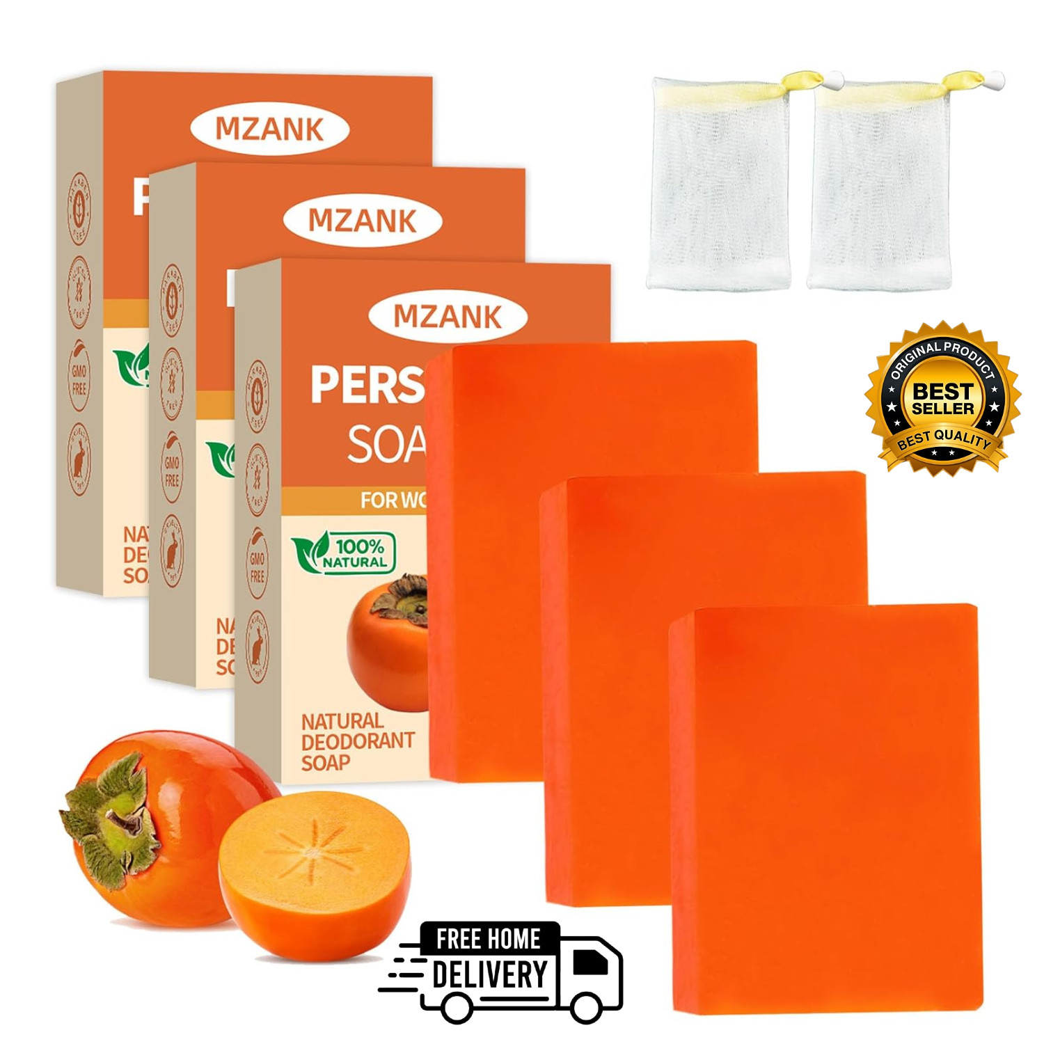 3 Pack Persimmon Soap Bar for Odor Control Natural Deodorant Body Face Soap