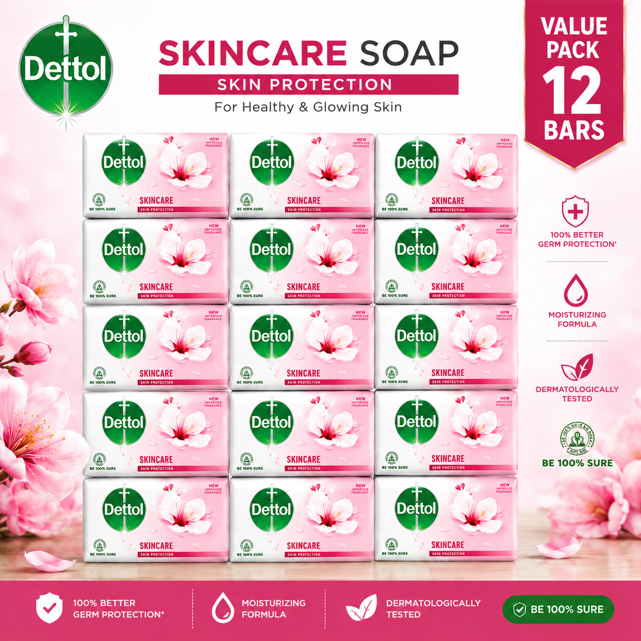 Pack of 12 Dettol Skincare Antibacterial Soap Bar 110g Moisturizing Soap