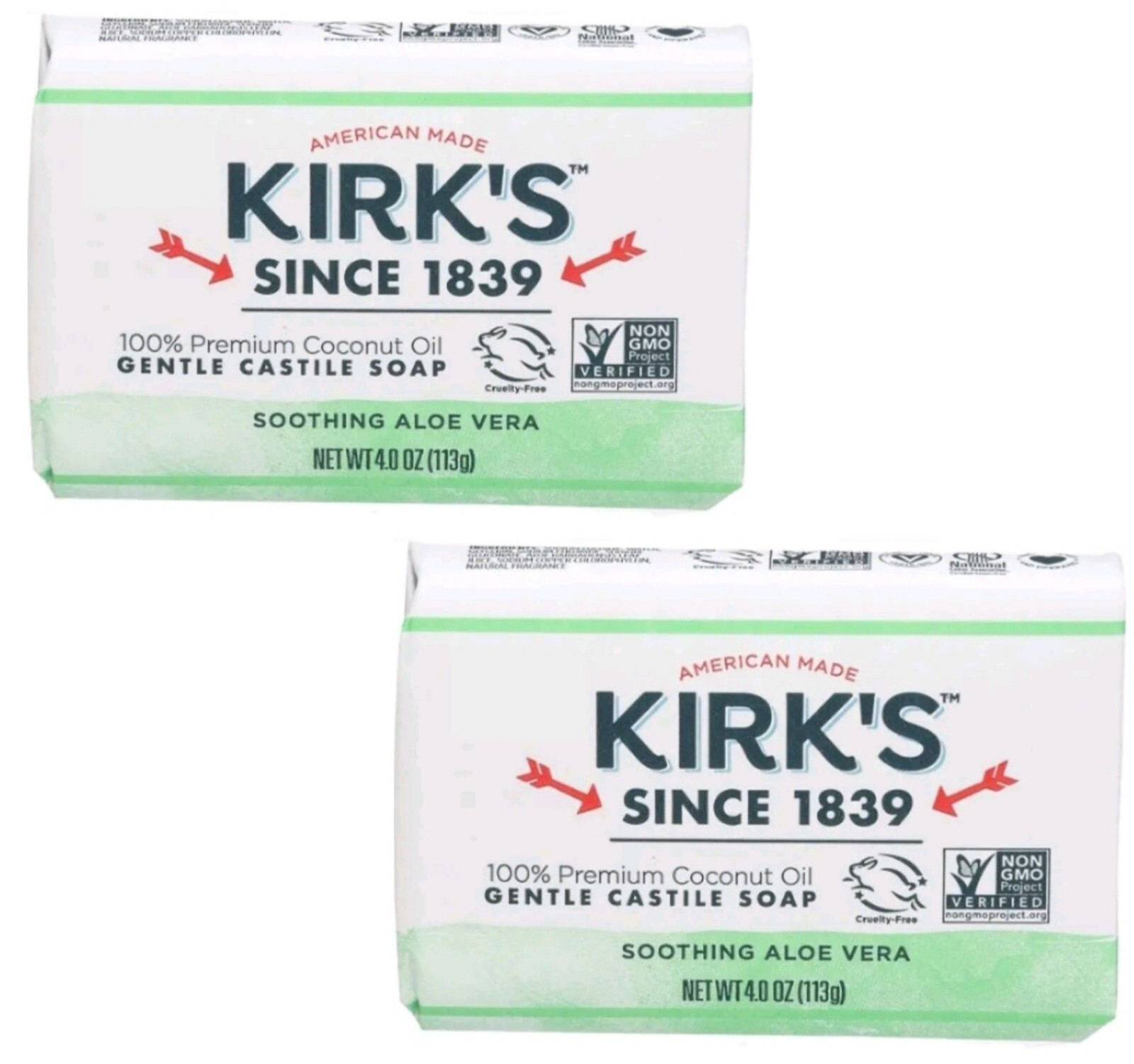 💚 KIRK’S 💚 TWO 4 Oz. Bars 🫧 ●SOOTHING ALOE VERA●🫧 100% 🥥 Coconut Oil Soap.