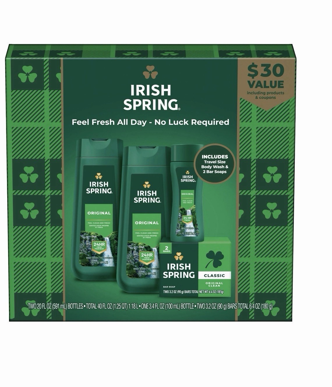 Irish Spring Body Wash 20 Oz Bottles & Travel Size Bar Soap Gift Set