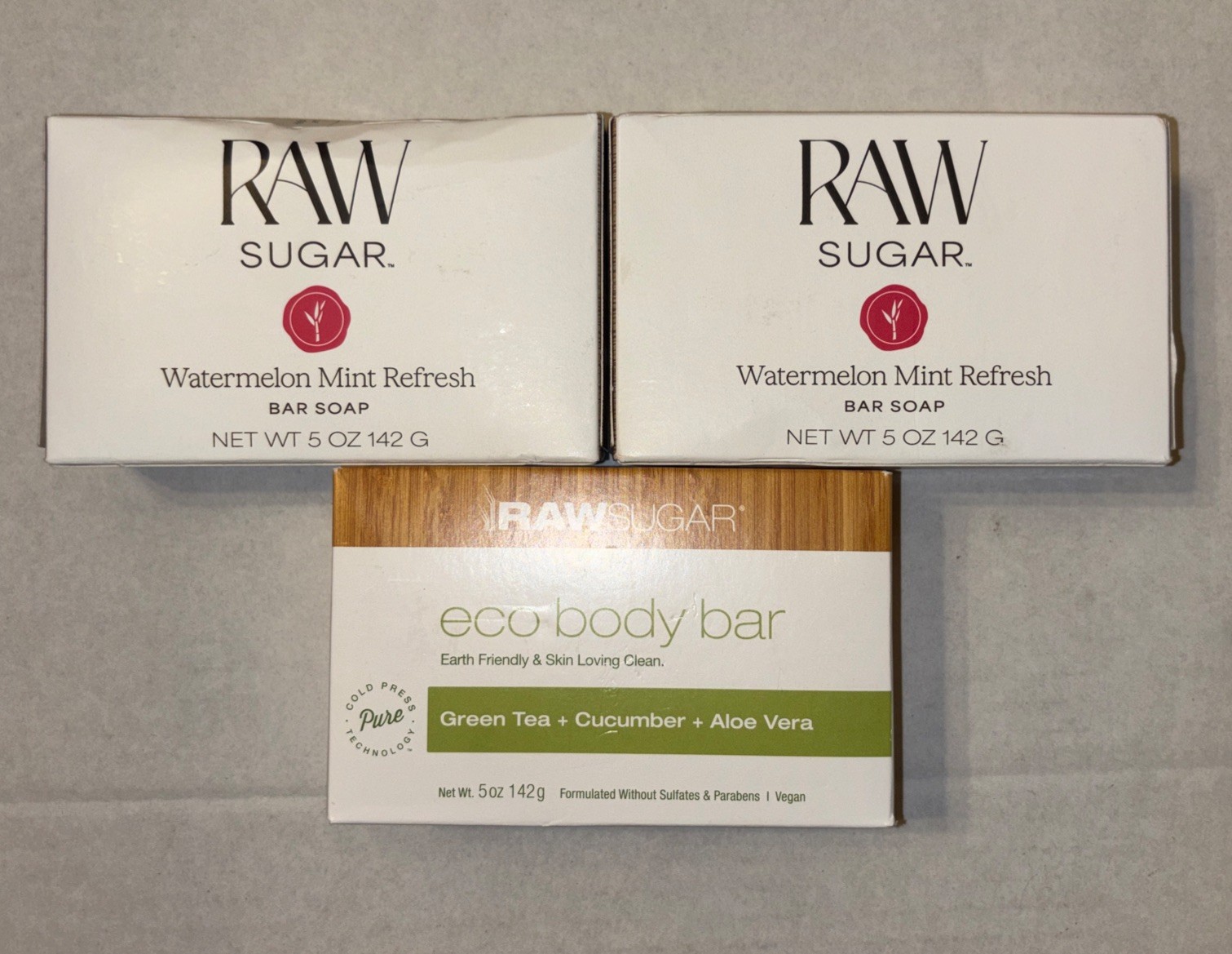 Raw Sugar 3 bar soaps – watermelon mint refresh,green tea + cucumber + aloe vera