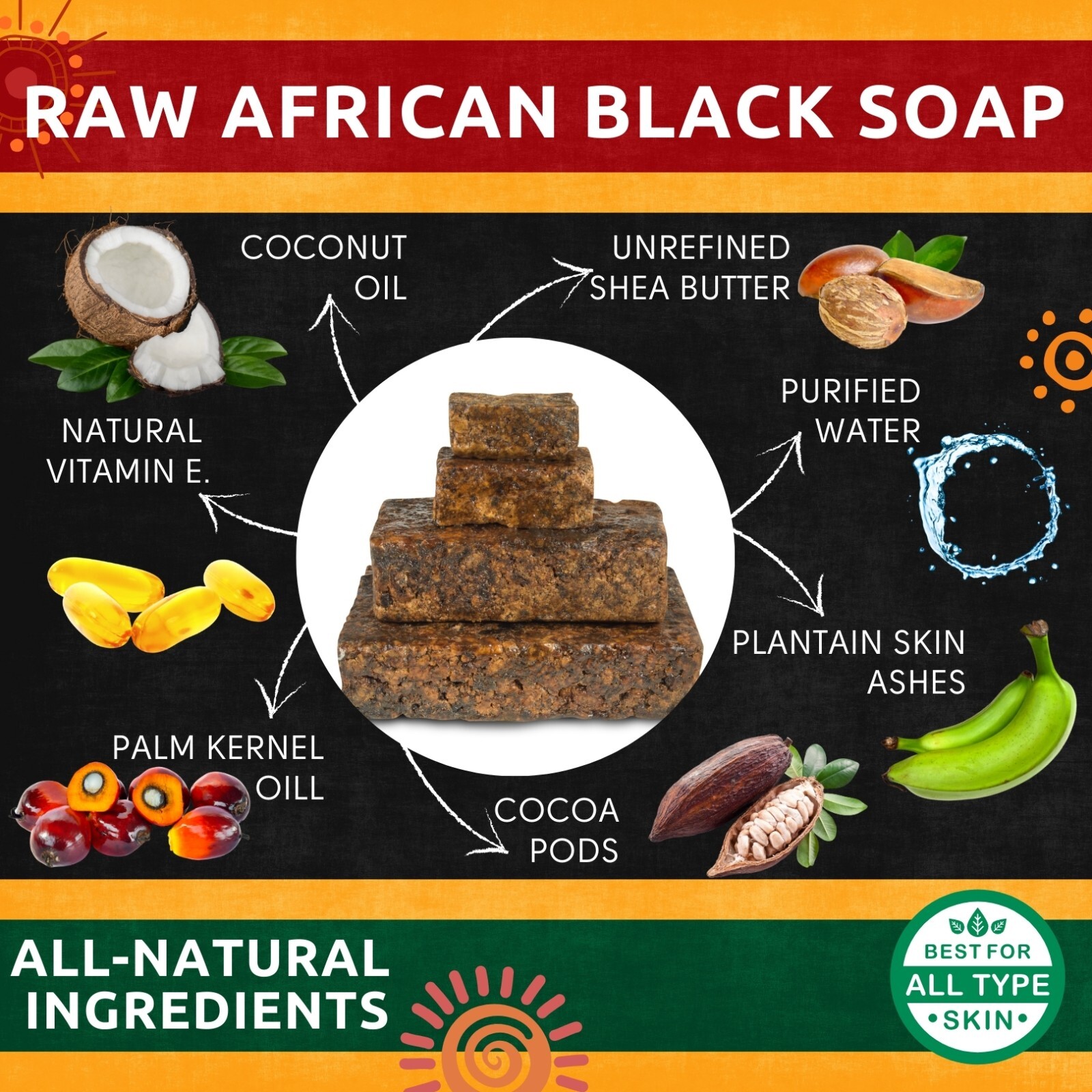 Raw African Black Soap 1 lb. Bar Organic 100% Natural Pure Unrefined From Ghana