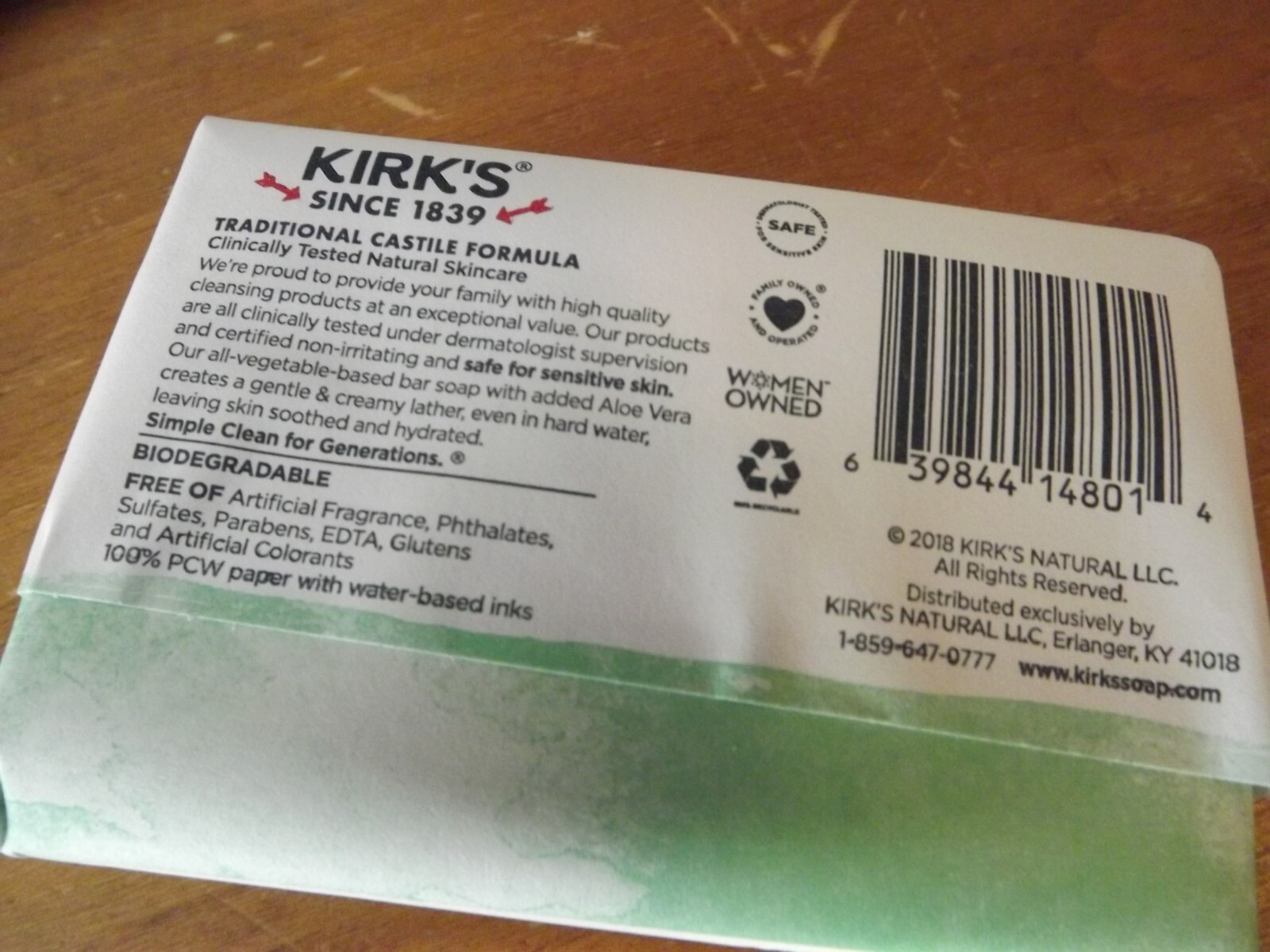 3 BARS KIRK’S Castile Soap 100% PREMIUM COCONUT OIL Aloe Vera 4oz Bars NON GMO