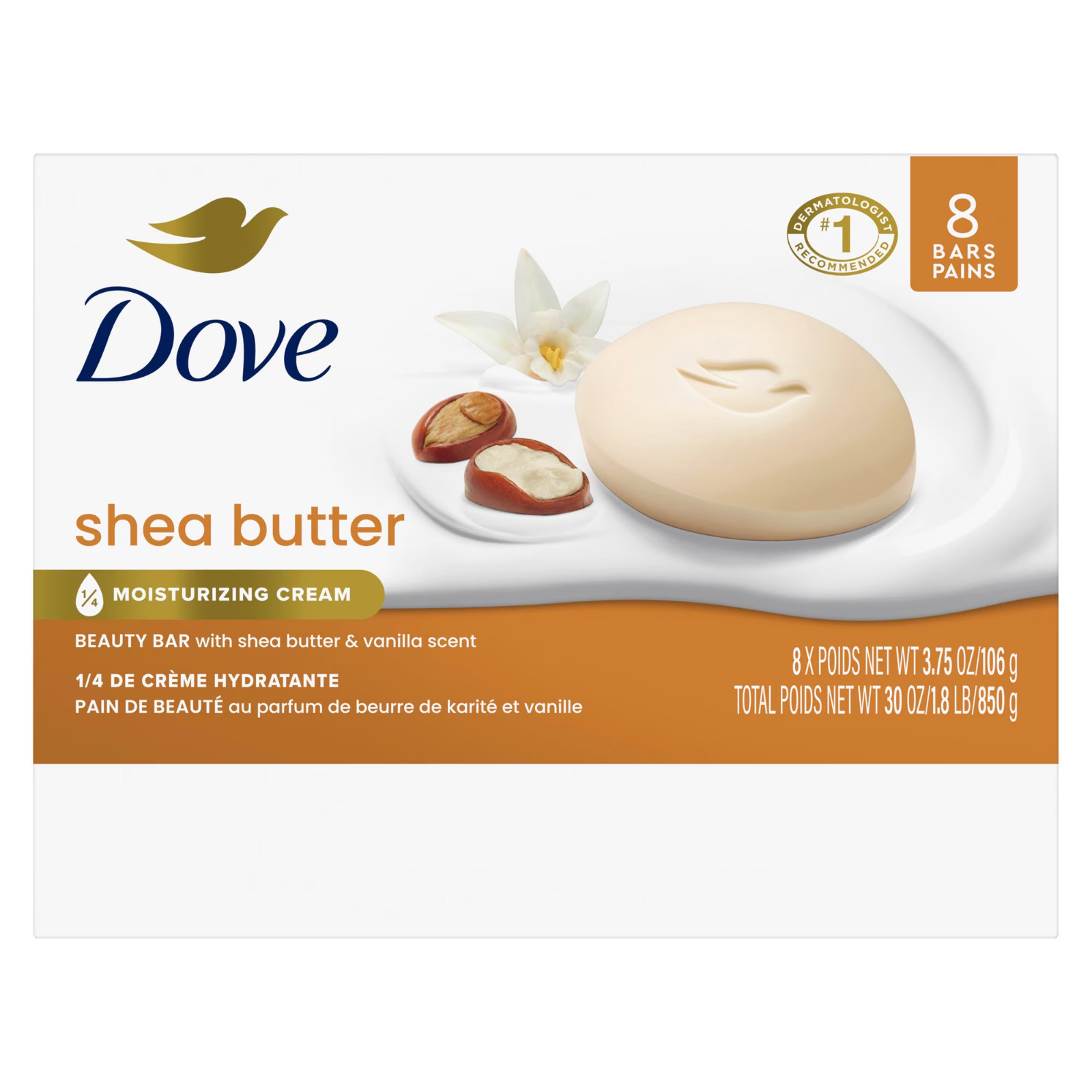 Dove Beauty Bar Soap Shea Butter, 8 Bars for Nourished, Radiant Skin, Enriches S