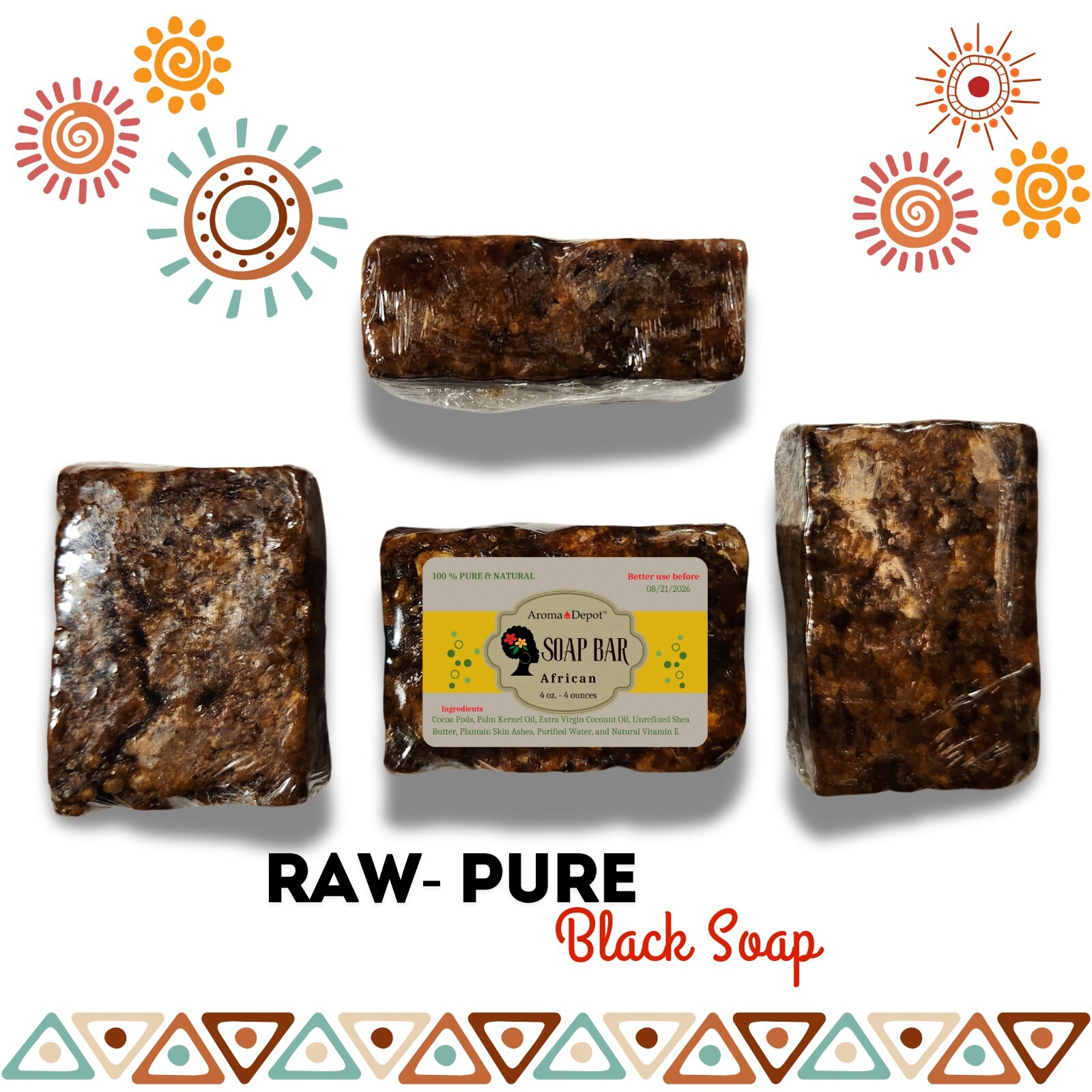 Raw African Black Soap Bar 2 oz. 100% Raw Organic Natural Unrefined Wholesale
