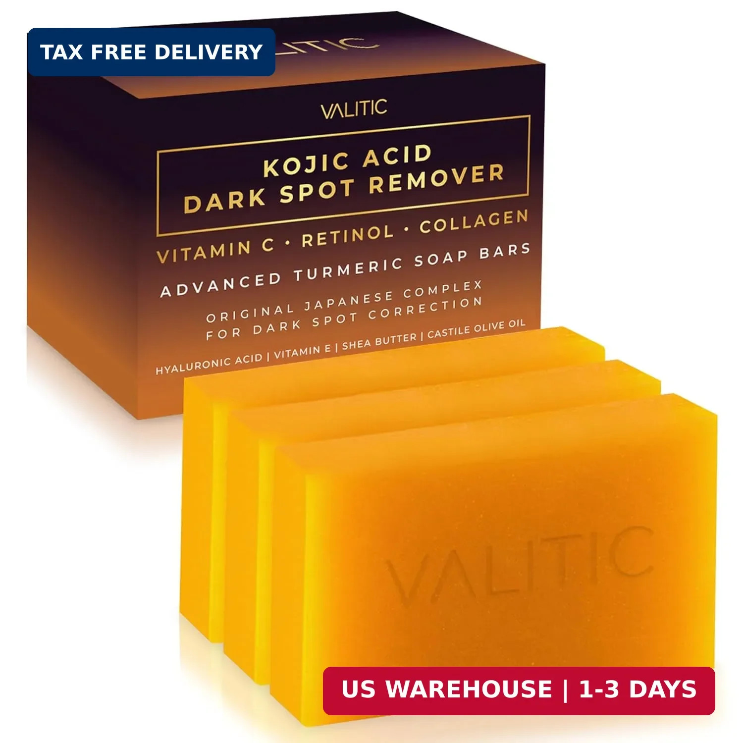 VALITIC Kojic Acid Dark Spot Remover Soap Bars with Vitamin C, Retinol, Collagen
