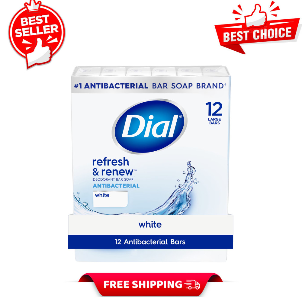 Dial Antibacterial Bar Soap, Refresh & Renew White Deodorant Bar, 4 oz, 12 Bars