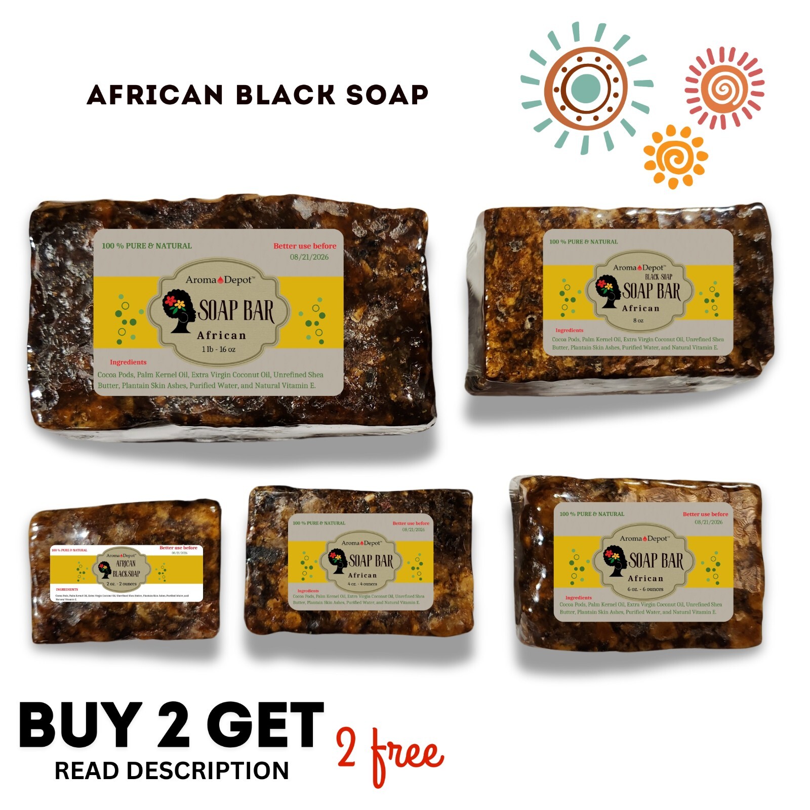 Raw African Black Soap Bar 2 oz. 100% Raw Organic Natural Unrefined Wholesale