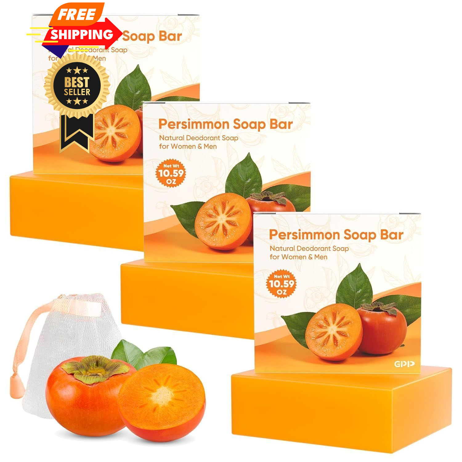 GPP Persimmon Soap Bar for Body Odor Control – 3 PCS 3.53 Ounce (Pack of 3)