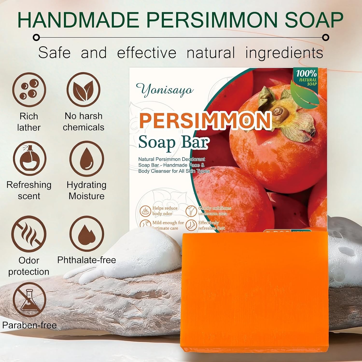 5 Pcs Persimmon Soap Bar for Old People Smell, Persimmon and Green Tea Extract f