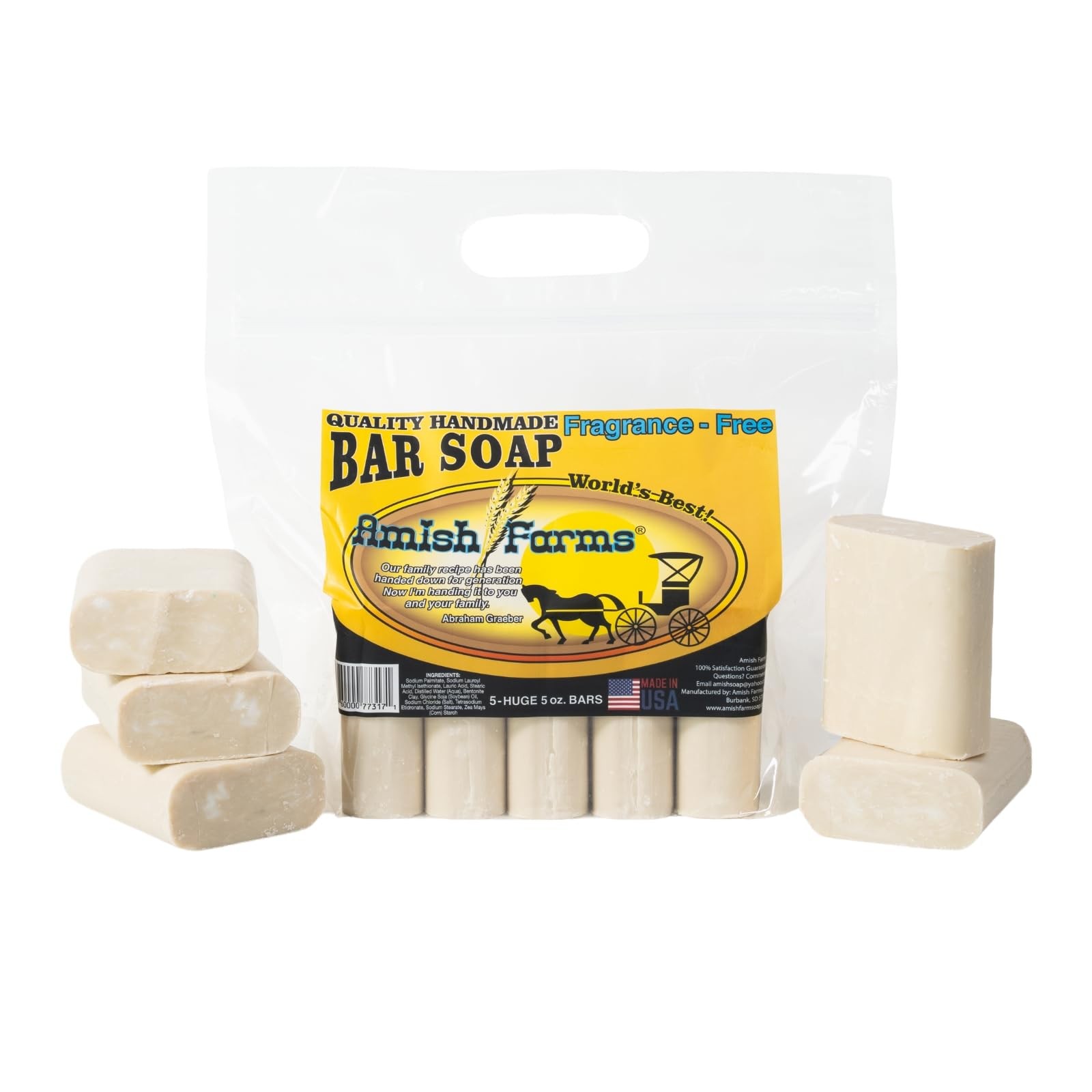 Amish Farms Fragrance Free Bar Soap with 5 Ounce (Pack of 5), Offwhite