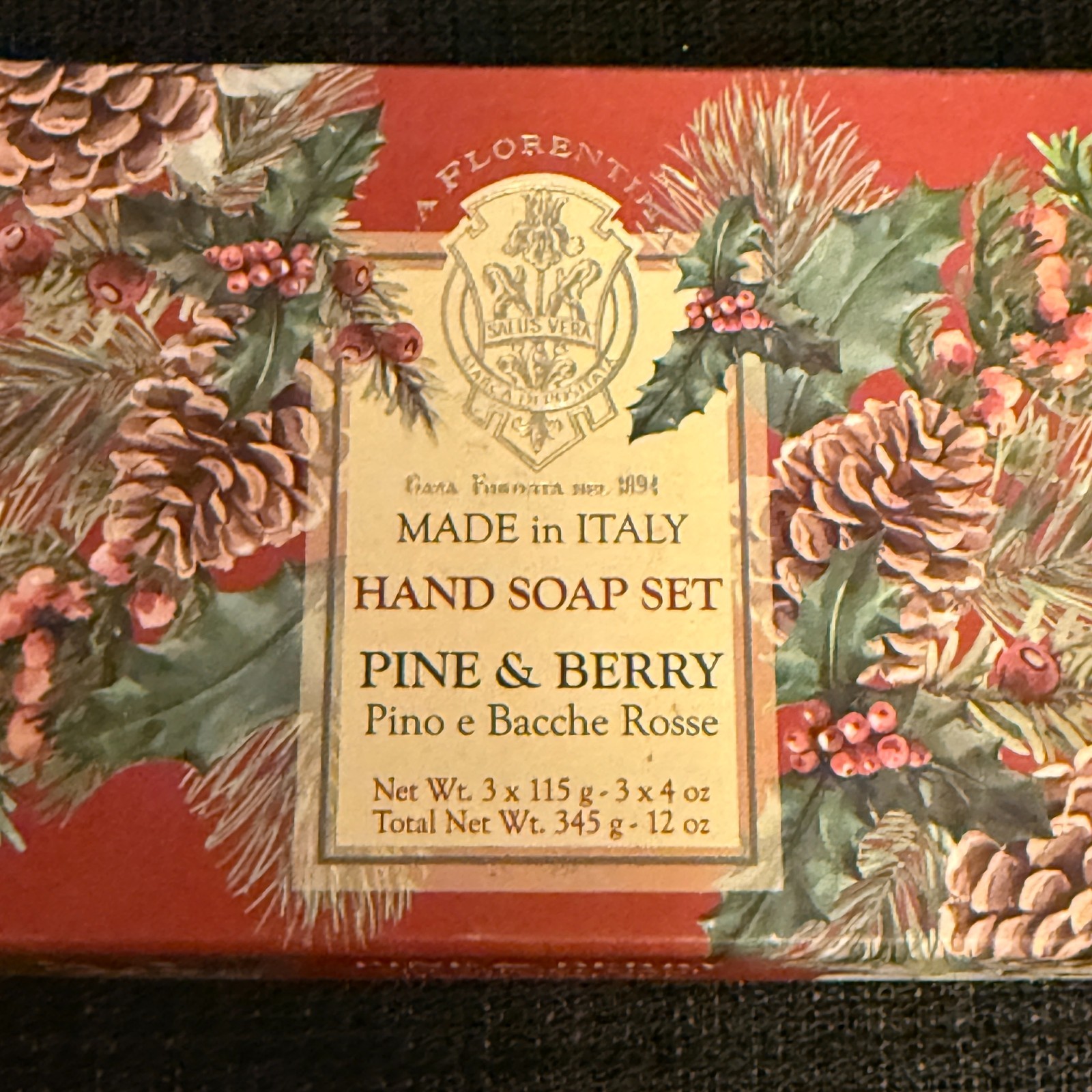 La Florentina Luxury Natural Pine & Berry Bar Soap Set -3x14oz Handmade In Italy