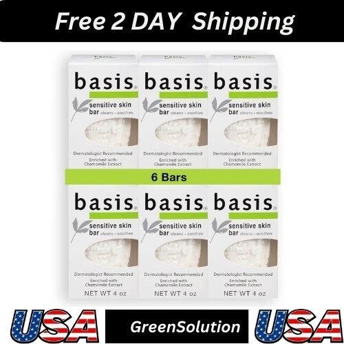 Basis Sensitive Skin Bar Soap – Cleans and Soothes with Chamomile – Pack of 6