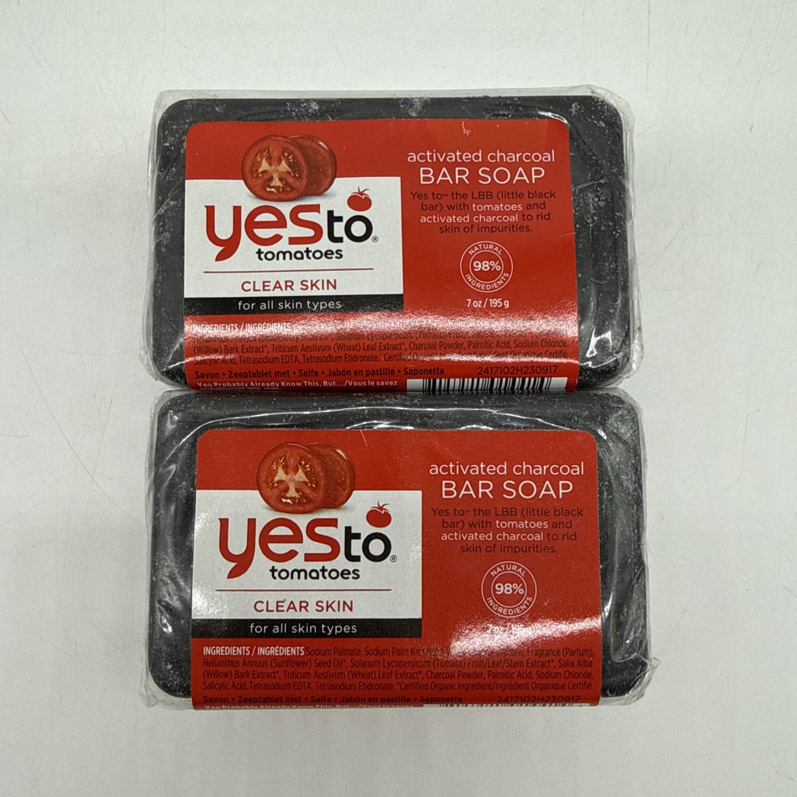 YES to Tomatoes Clear Skin Activated Charcoal Bar Soap Deep Detoxify Pair of 2
