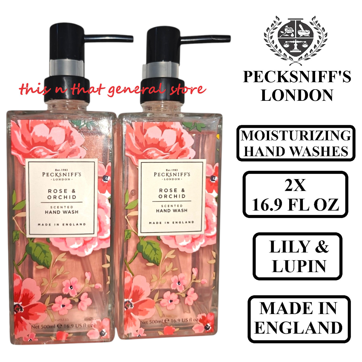 2X PECKSNIFFS LONDON ROSE & ORCHID Hand Wash Glass 16.9 fl oz MADE IN ENGLAND