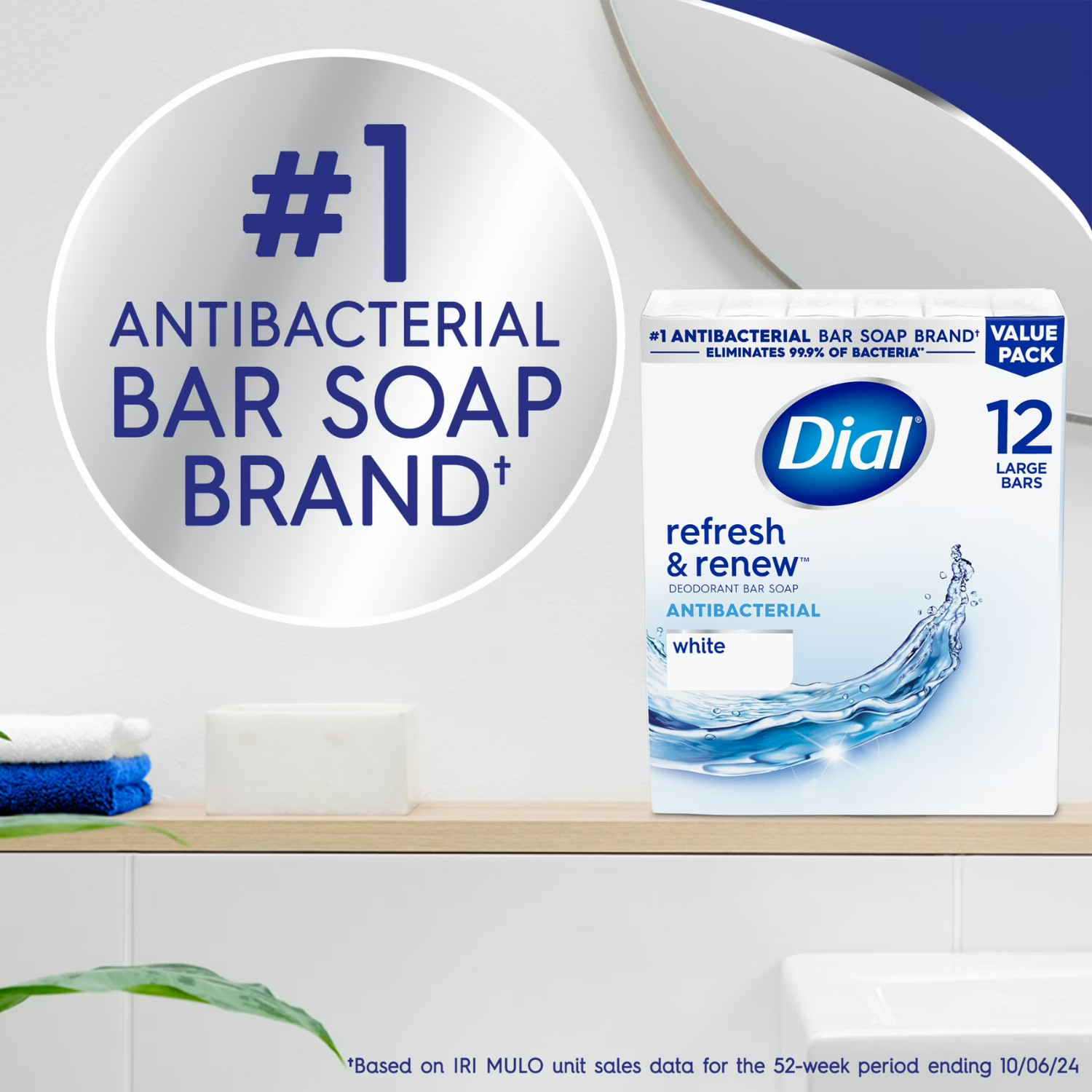 24 Bar Dial Antibacterial Bar Soap, Refresh & Renew, Clean Rinsing, White, 4 oz