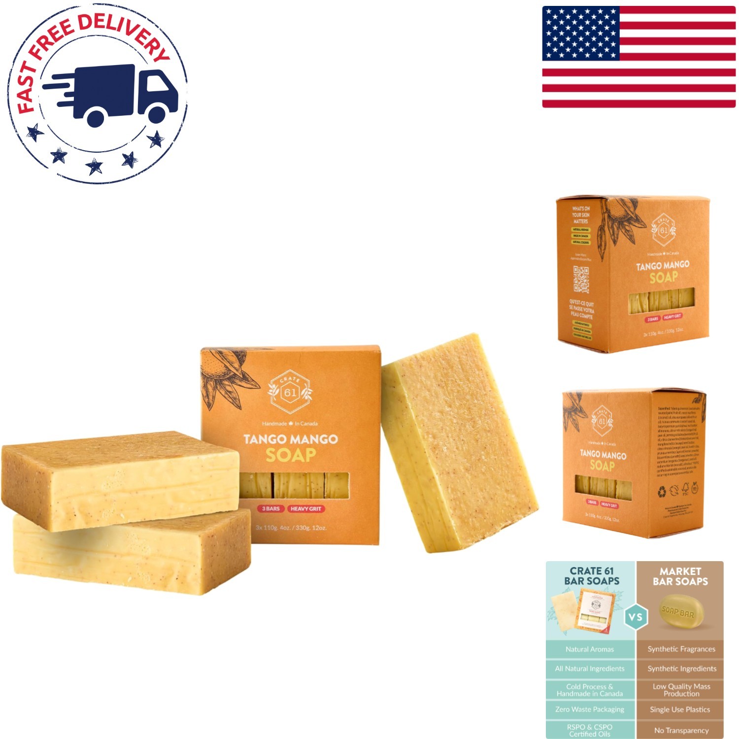 Handmade Soap in Mango Scent – Cold Process Bar 3 Pack