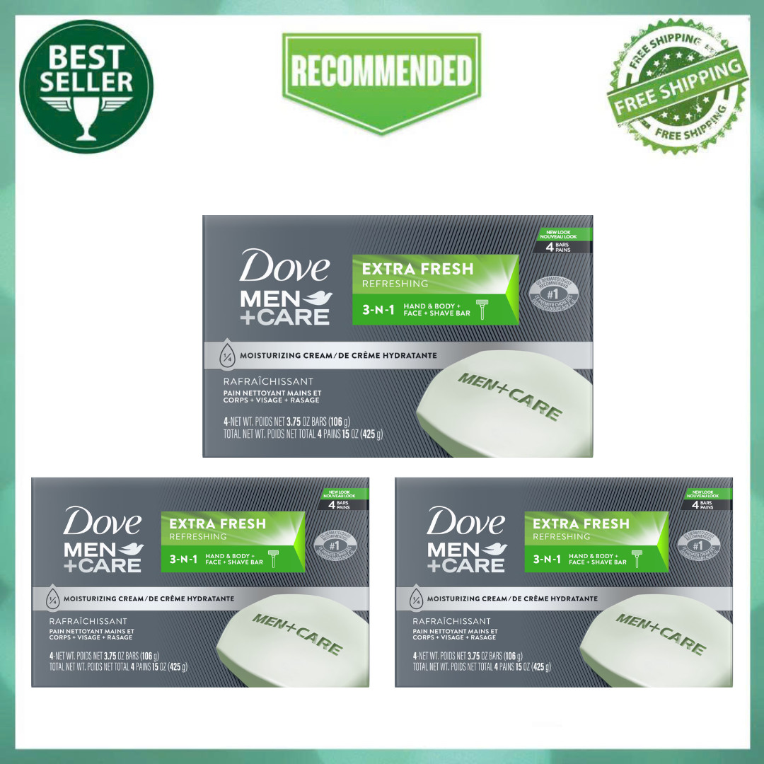 3 Pack Dove Men+Care Soap Extra Fresh, 3.75 oz, 4 Bars, Moisturizing Cleanser