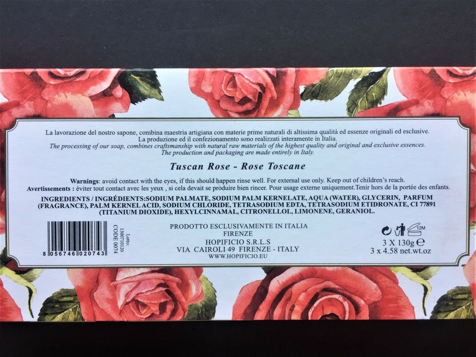 Hopificio Italy Tuscan Rose 3 x 130g Bath Bars Luxury Soap Mothers Day Gift