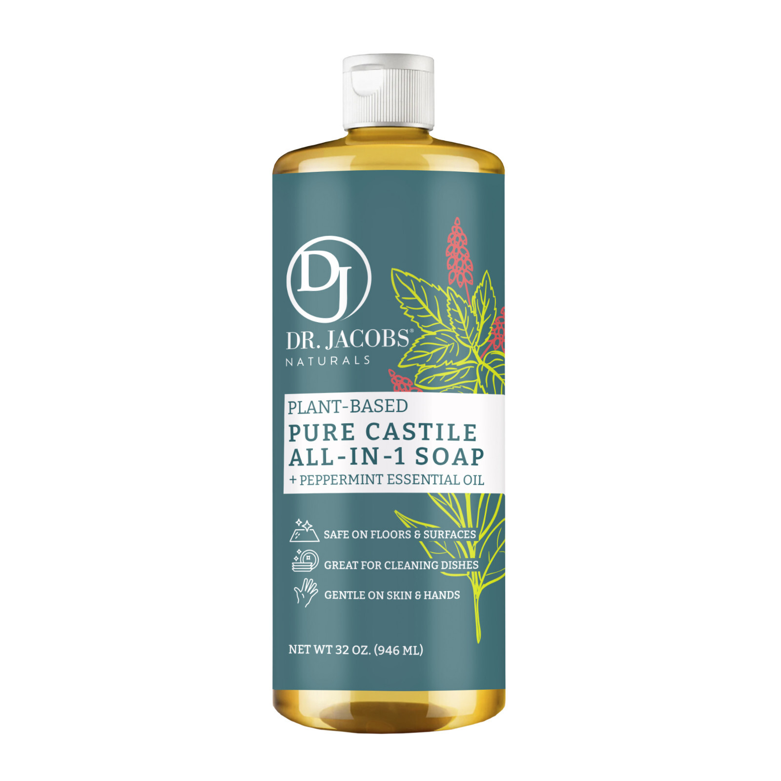 Dr Jacobs Naturals 32oz Peppermint Pure Castile Plant Based All-in-One Soap