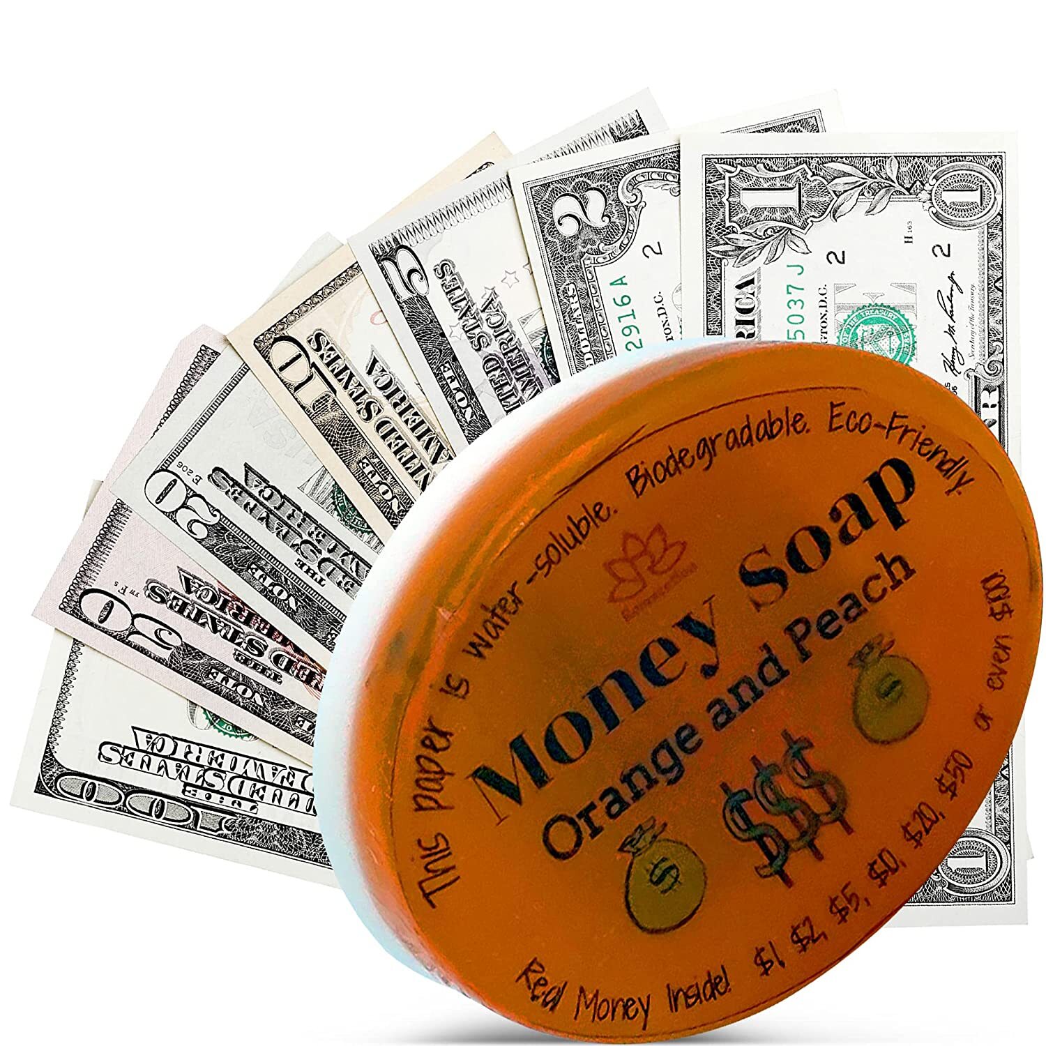 1 Glycerin Soap Bar with Real Money Inside with Cash Gift inside Orange & Peach