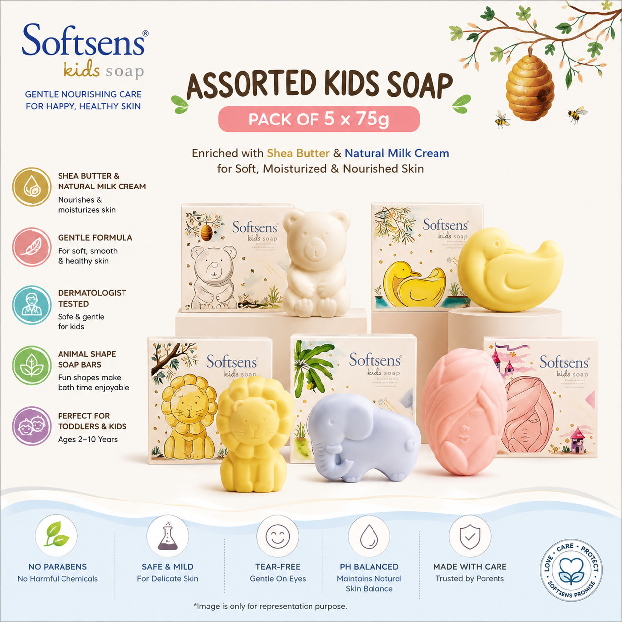 Softsens Assorted Kids Soap Pack 5 75g Shea Butter Milk Cream Toddlers Bar Soap