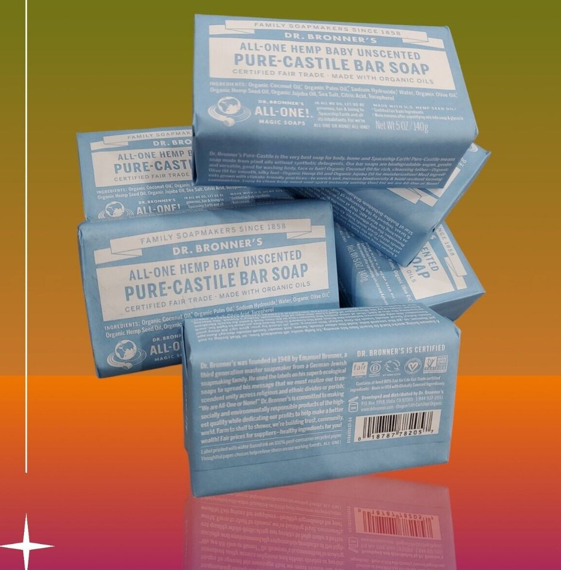 6 Pack Dr Bronner’s All-One Hemp Baby Unscented Pure Castile Bar Soap Organic