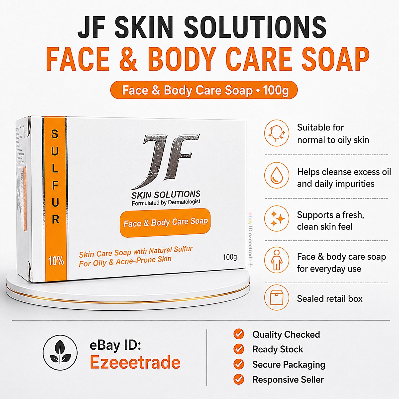 JF Skin Solutions Face Body Care Soap Bar 100g Oily Skin Sealed