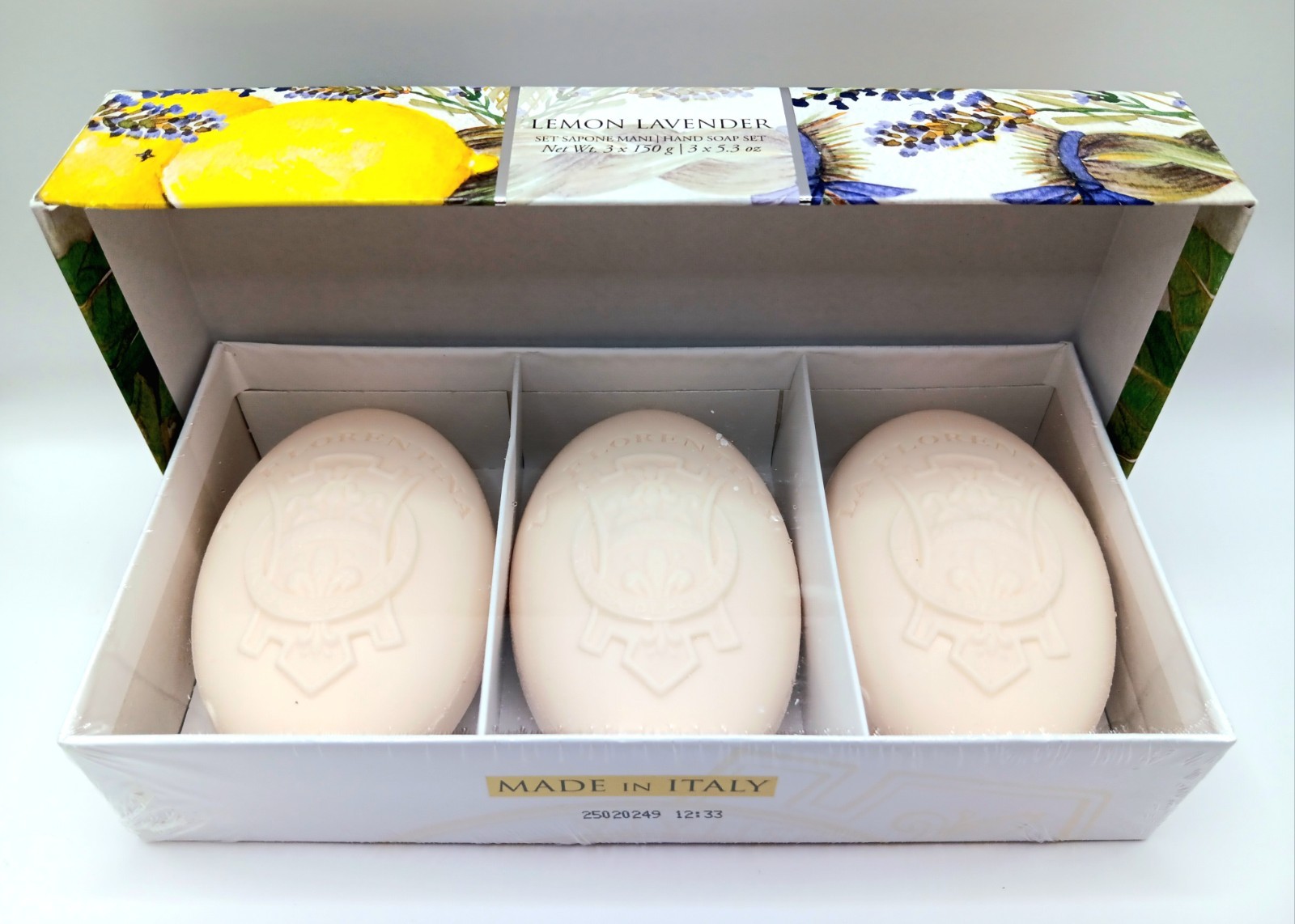 La Florentina Soap Gift Box Set LEMON LAVENDER 3 Bars Embossed Luxury Italy New