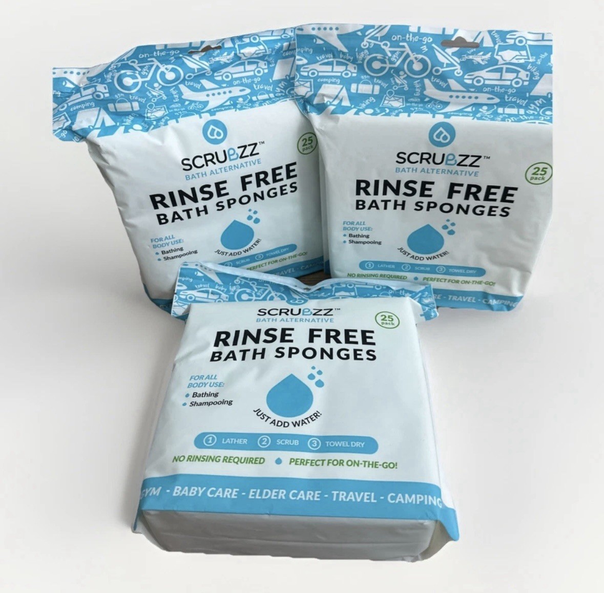 SCRUBZZ Rinse-Free Bathing Sponges Just Add Water Baby Elderly Care Lot-75 Total