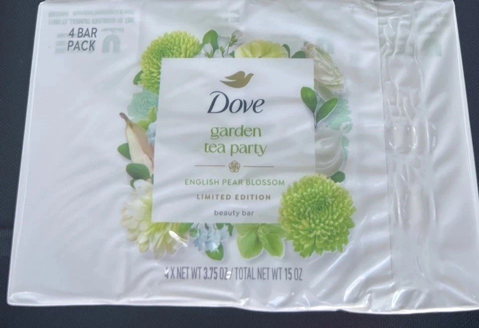 DOVE 4 BARS GARDEN TEA PARTY English Pear Blossom LTD ED- 3.75oz Bar Soap