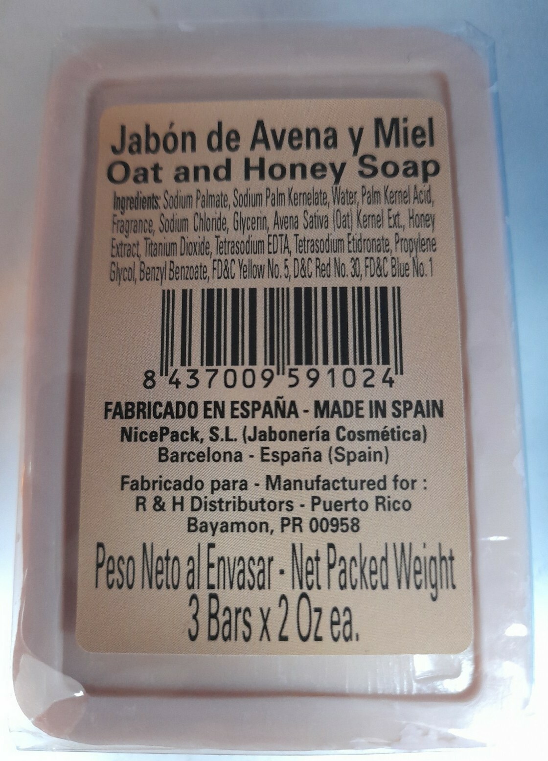 New 3 Jabon Avena y Miel Soap Bars Oat & Honey Made in Spain 2 oz Each