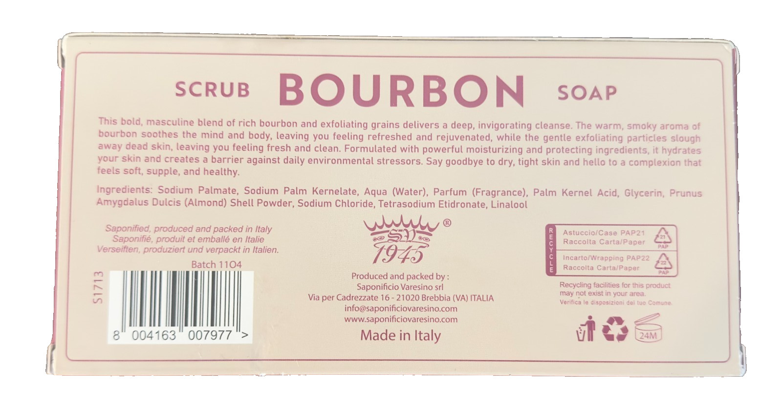 Saponificio Varesino 1945 Bourbon Scrub Bar Soap 3 Bars – 15.8oz per bar