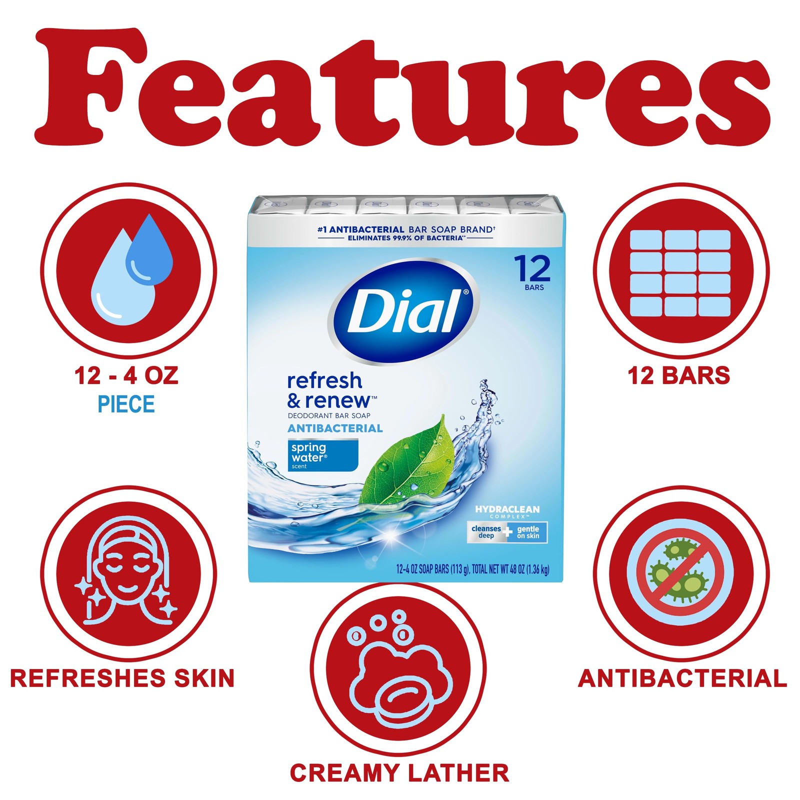 Dial Deodorant Bar Soap Spring Water Deep Cleanse Body Soap Daily Use 12 Ct-4 oz
