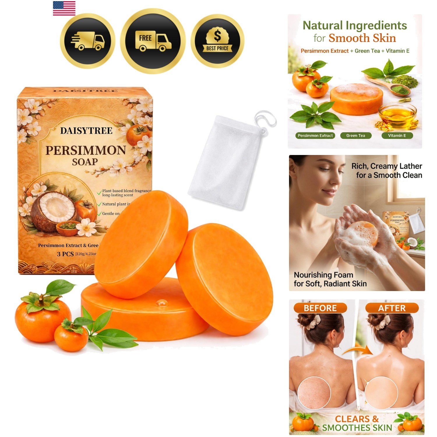 Persimmon Soap for Body Odor, Japanese Persimmon Soap, Contains Green Tea Ext…