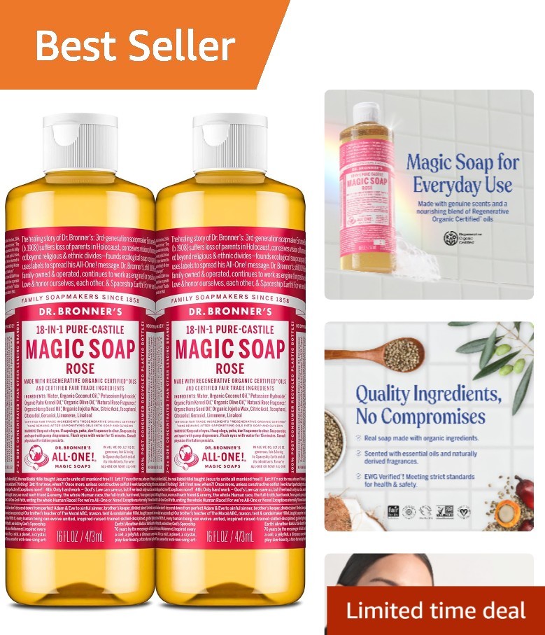 Dr. Bronner’s Rose Castile Liquid Soap 2-Pack – Multi-Use, Organic &