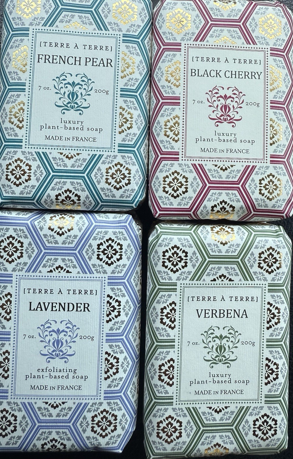 Lot Of 4 Bar Soaps Terre À Terre Lavender, Verbena, Black Cherry, French Pear