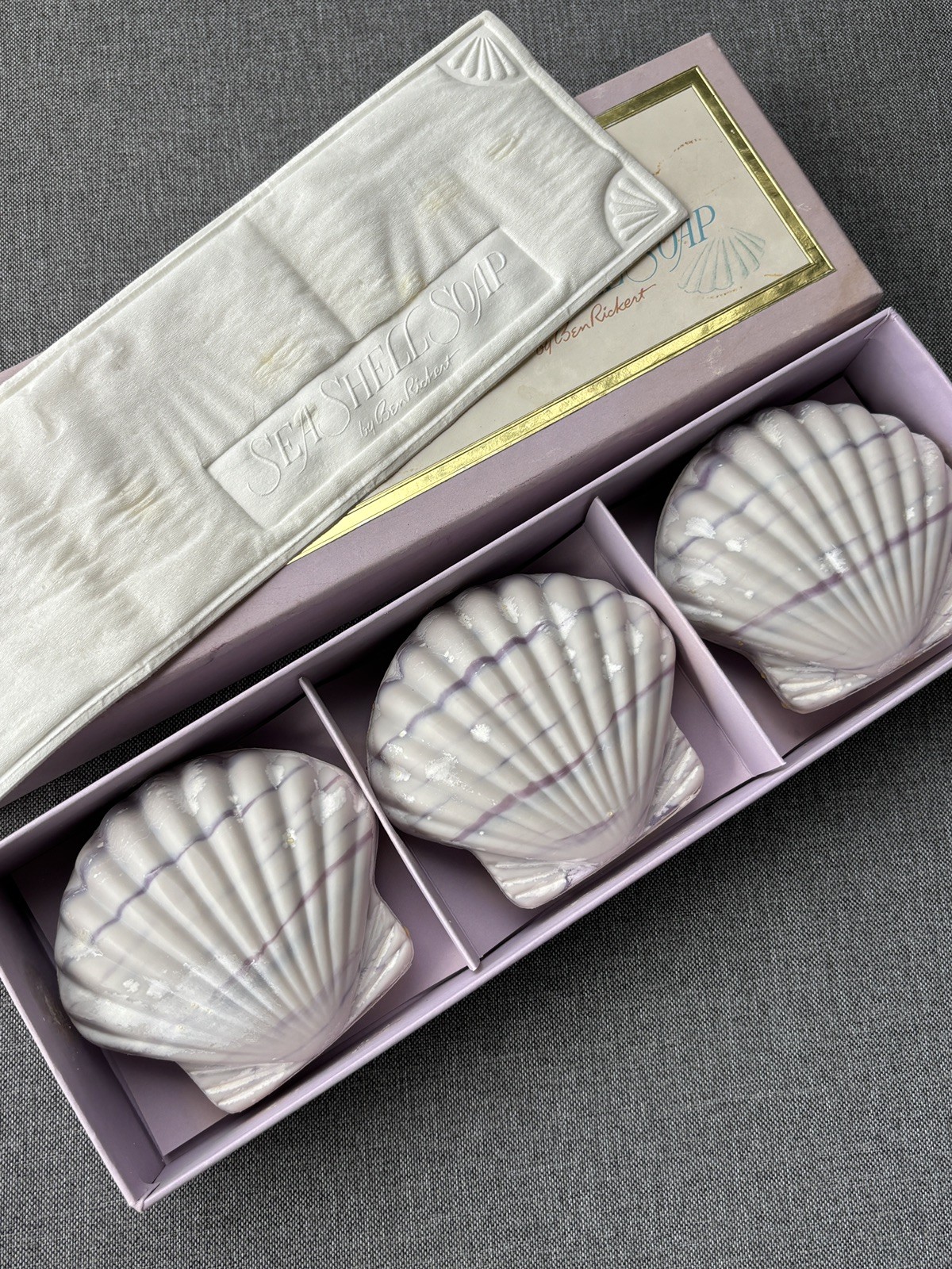 Decorative Sea Shell Soap by Ben Rickert – Vintage – 3 Purple + White Shells