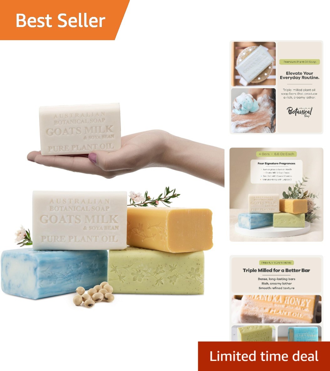 Organic Goats Milk Soap with Lemongrass & Sea Salt – Pack of 4 for Hydrated Skin