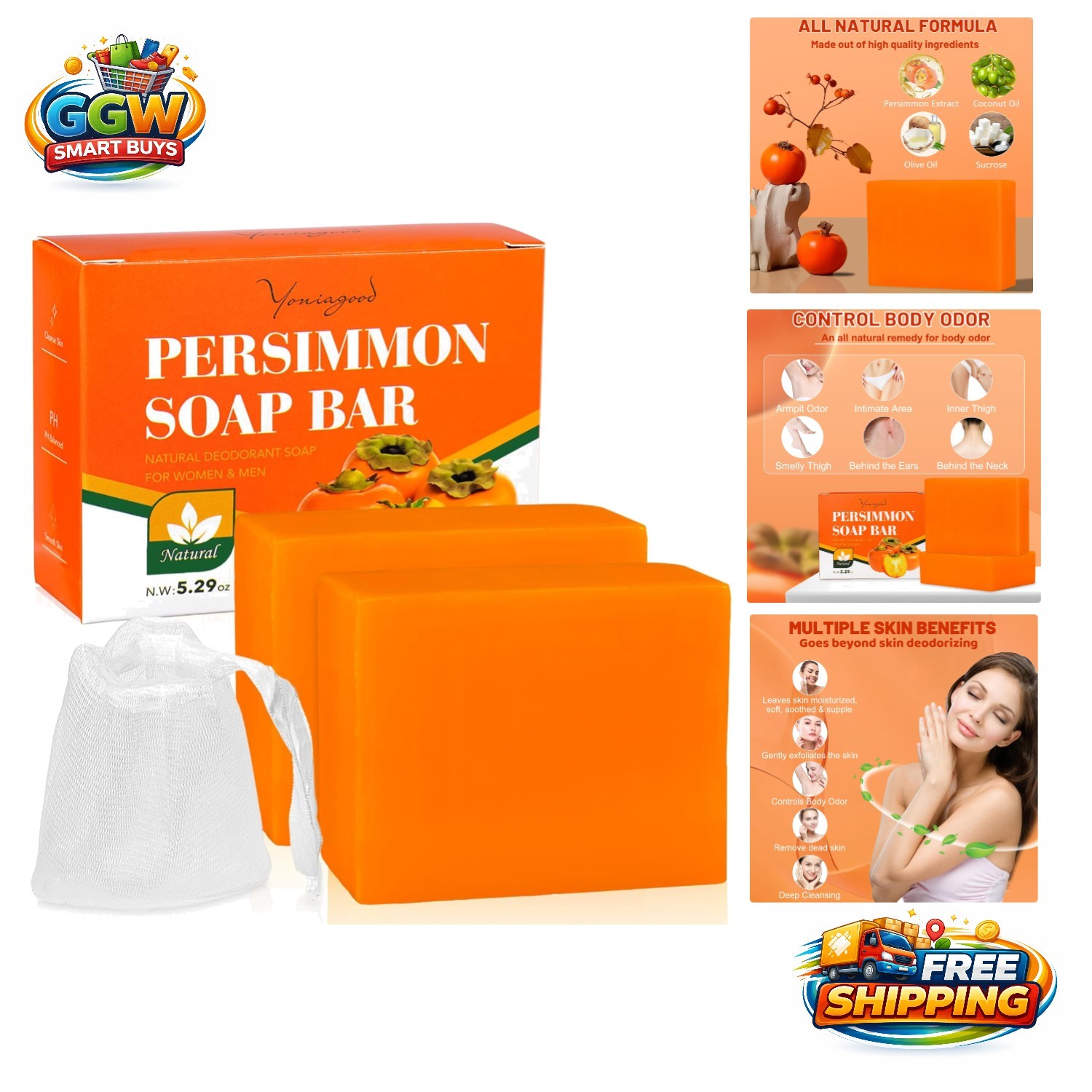 Luxury 2 PCS Persimmon Deodorizing Soap Bar for Daily Use – Skin Friendly